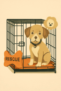 Crate training for rescue dogs with separation anxiety, showing a sad dog