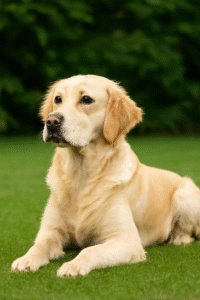 Golden Retriever lying down on command, essential for obedience training"