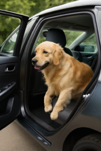 Golden Retriever getting into a car, showcasing essential dog commands like 'car' and 'enter