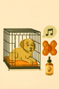 Dog separation anxiety solutions with crate, puzzle toy, CBD oil, and music note