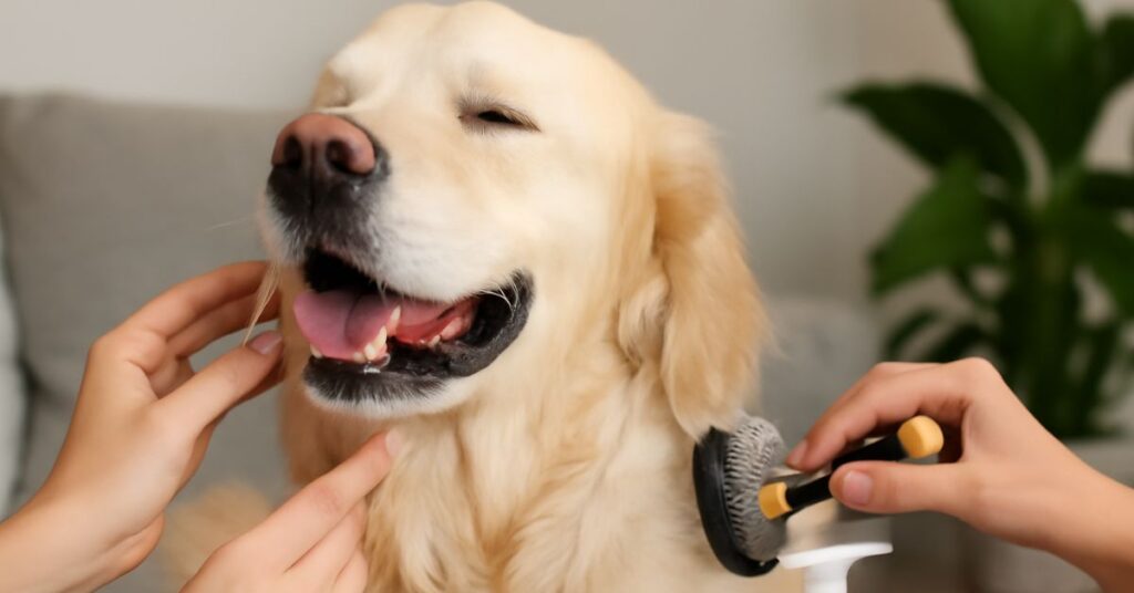 Golden retriever being pampered with gentle grooming as part of a dog skin care routine.