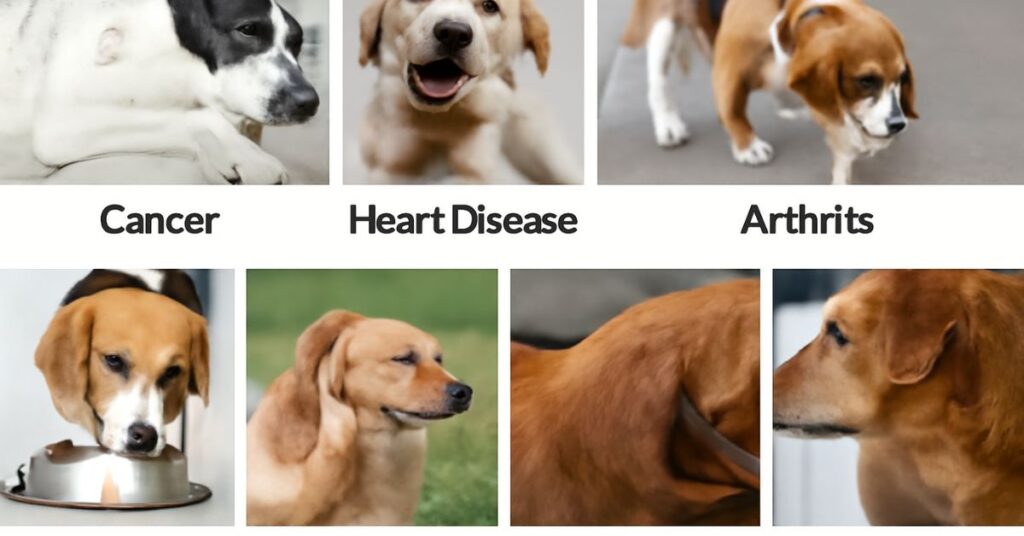 Collage of dogs with common dog diseases, including cancer, heart disease, arthritis, diabetes, skin diseases, and kidney disease, highlighting their symptoms and conditions.