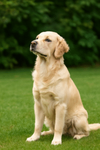Golden Retriever sitting on command as part of essential dog commands training