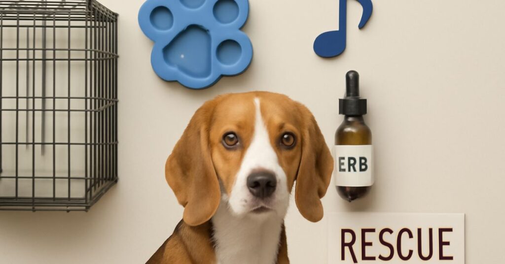 Beagle dog in crate with items for dog separation anxiety including a puzzle toy, CBD oil, and a rescue sign."