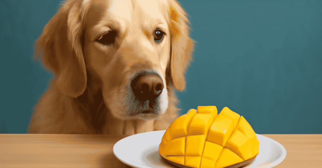 Can dogs eat mangos A golden retriever dog looking at a mango.