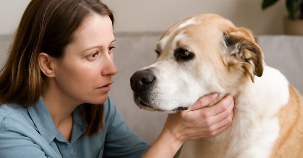 A woman gently comforting her dog with nasal tumors in dogs, visible as a mass on its left nostril, in a neutral-toned living room. The dog looks calm as the woman gazes at it with concern.